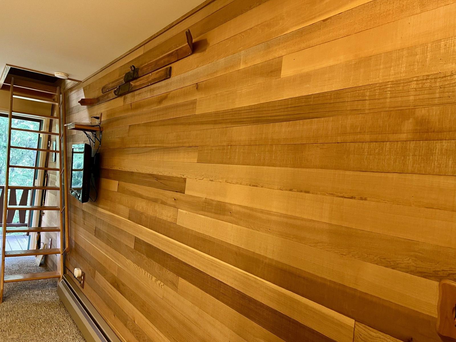 Cedar wall and ladder up to the loft
