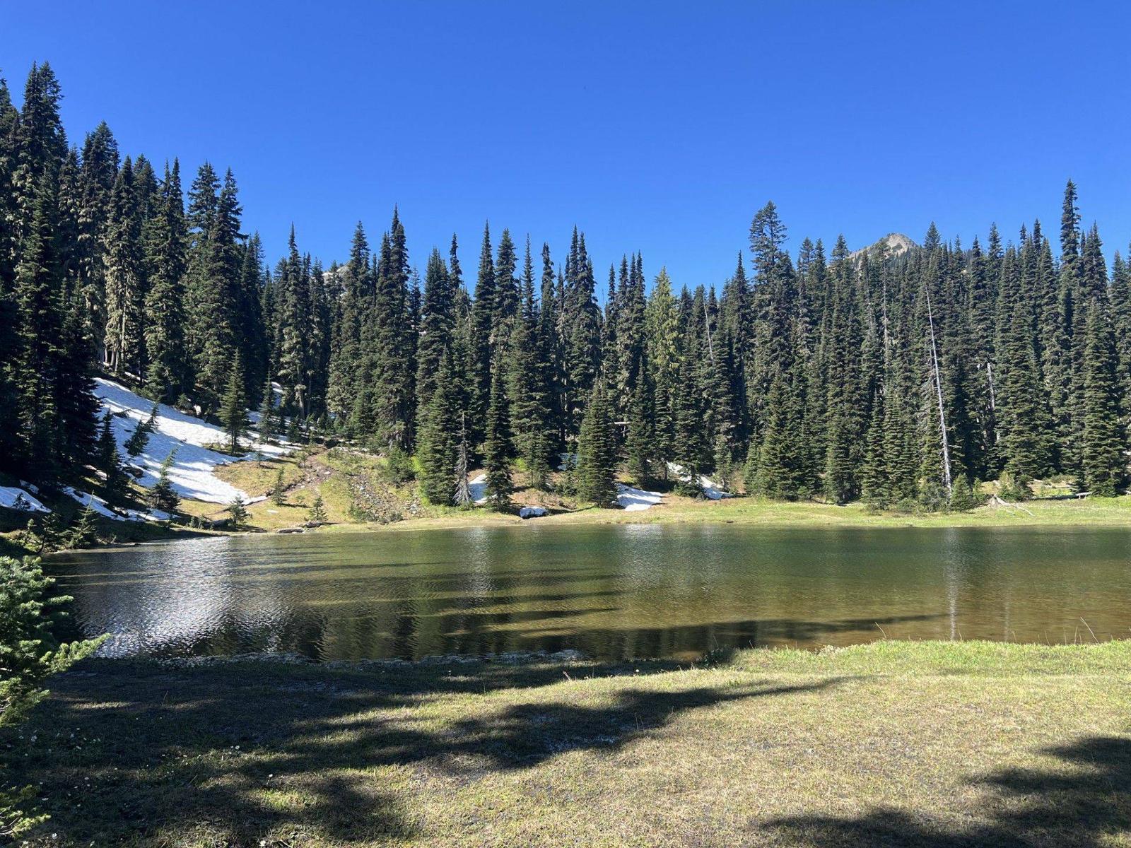 Alpine lake with snow still in the trees